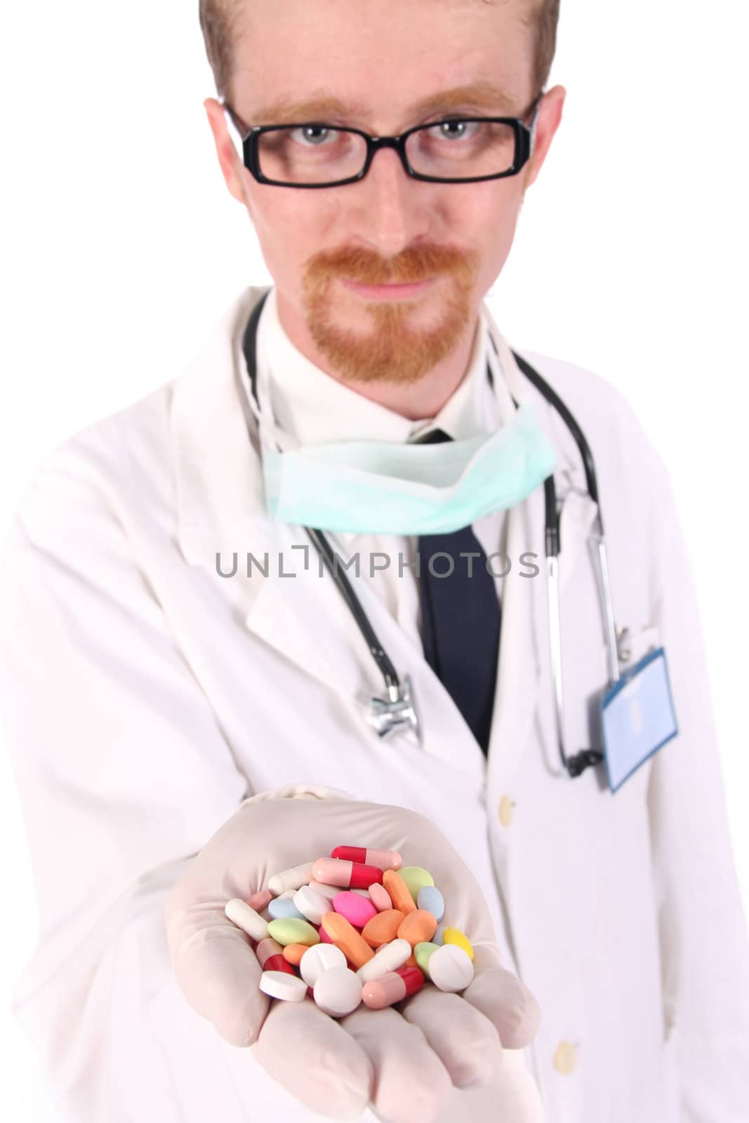 doctor with tablets on white background