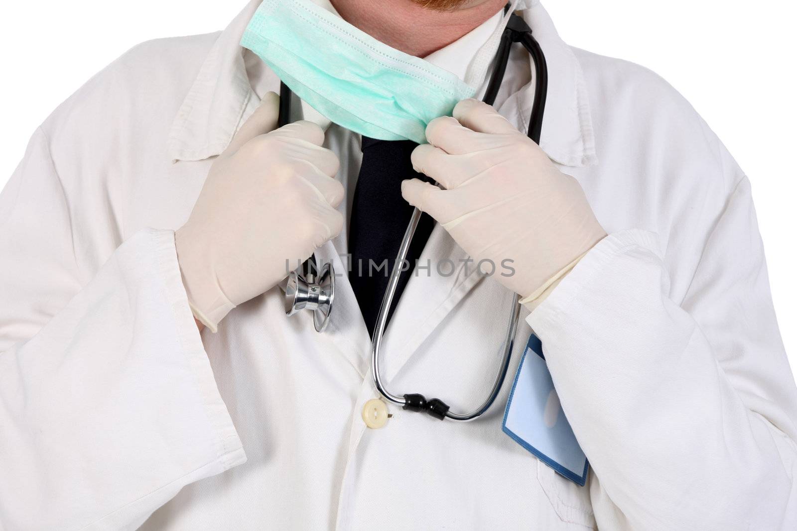 doctor with stethoscope and permit on white background