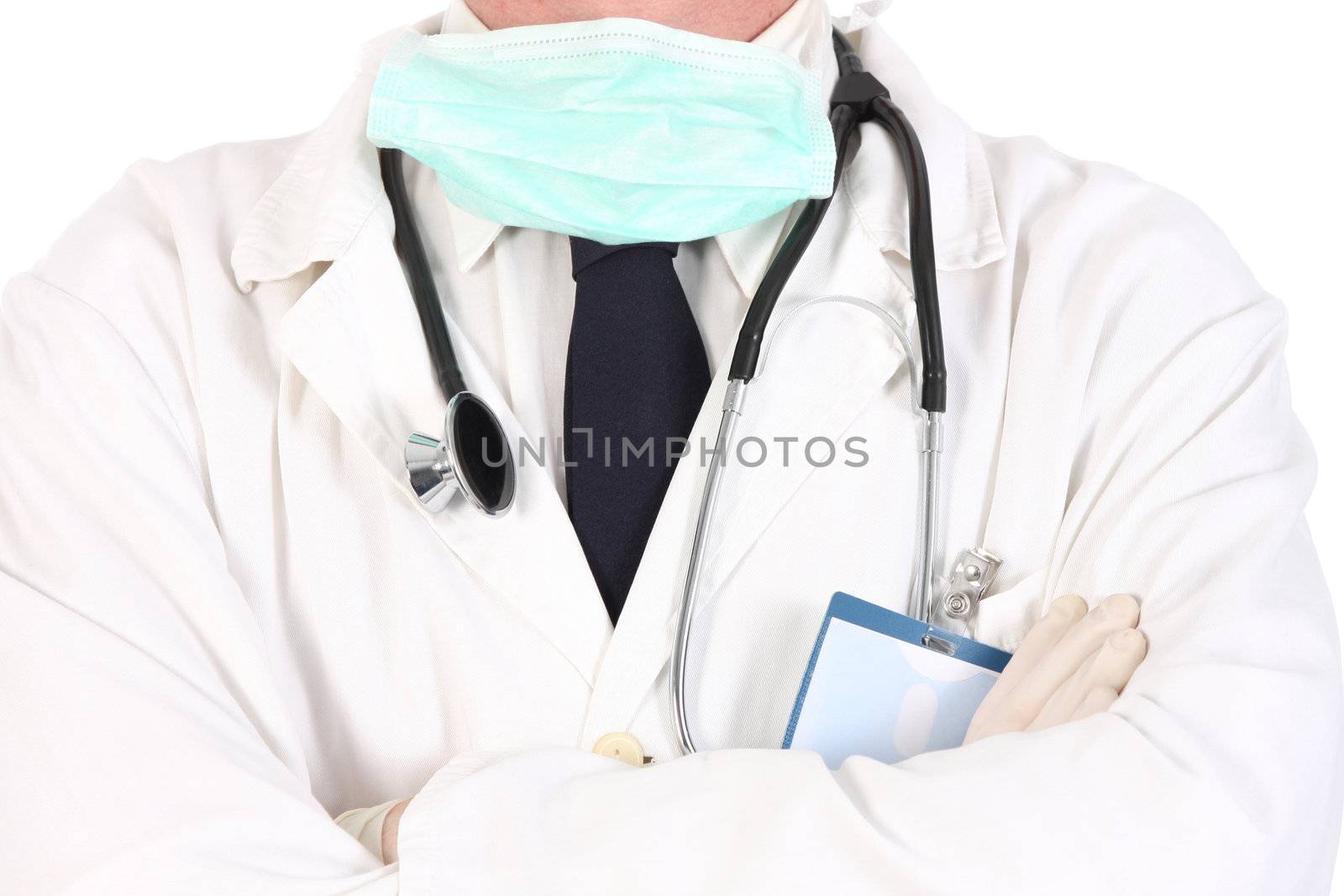 doctor with stethoscope and permit on white background