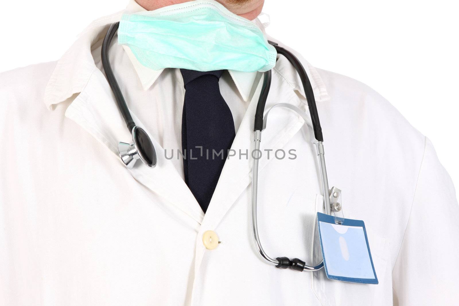 doctor with stethoscope and permit on white background