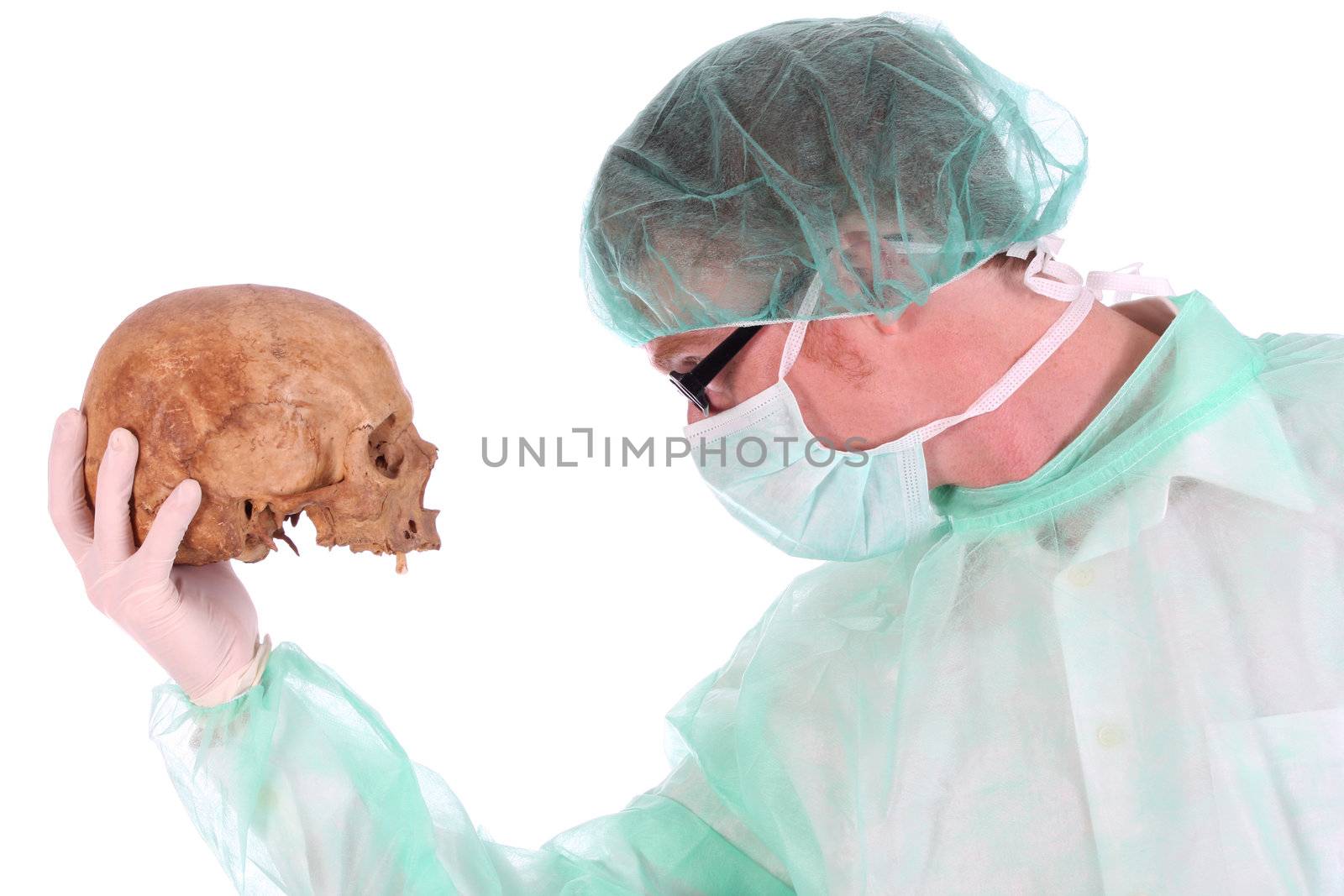 Details surgeon with skull on white background