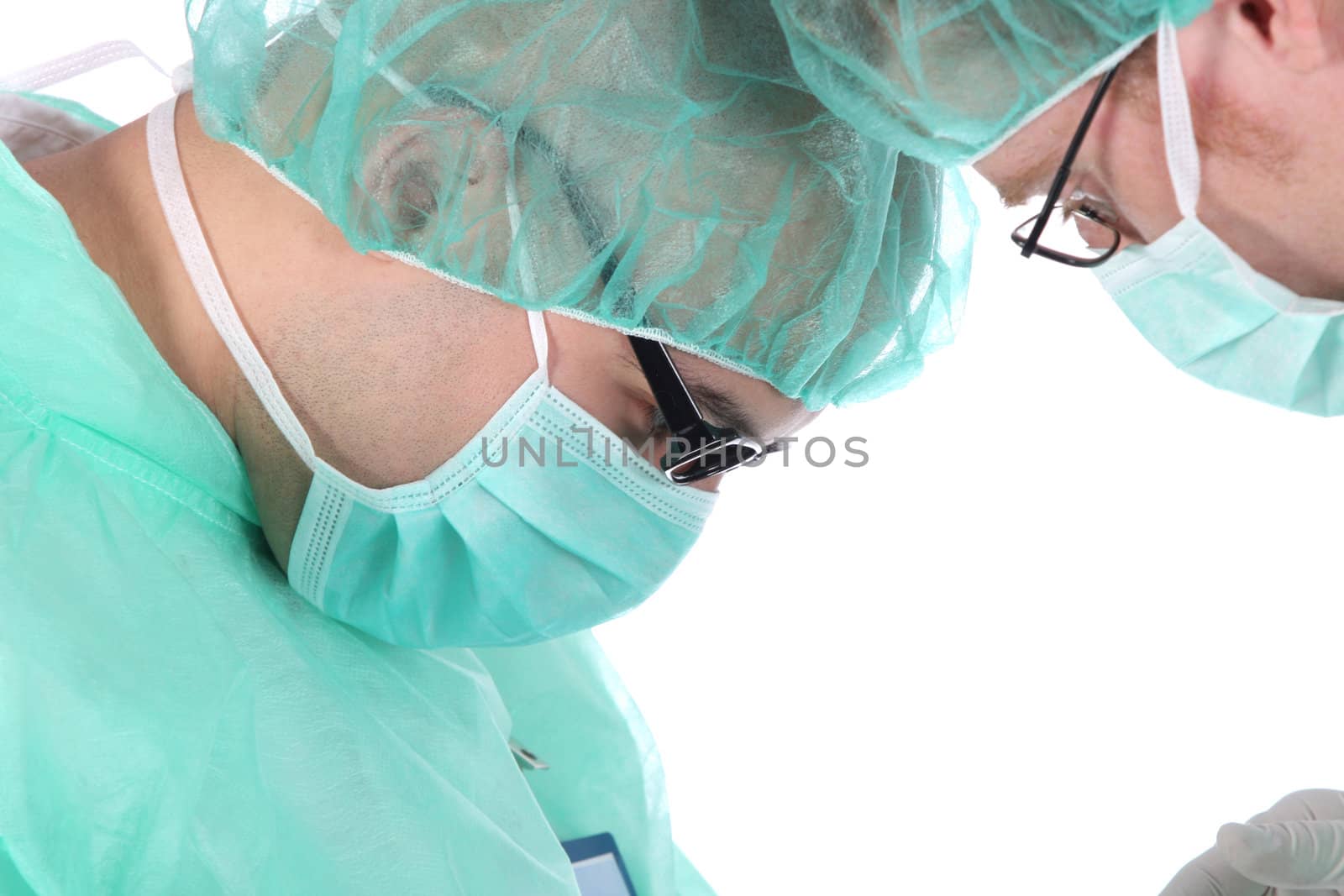 Details two surgeon at work on white background