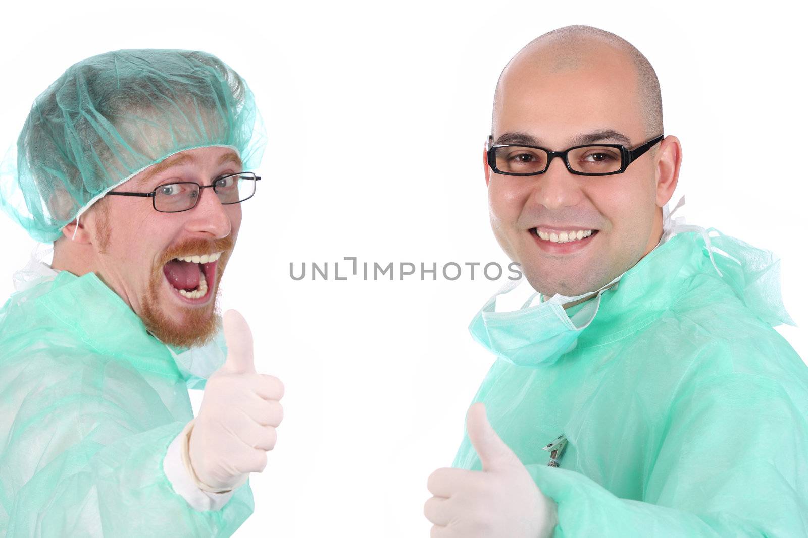 Details two surgeon happiness on white background