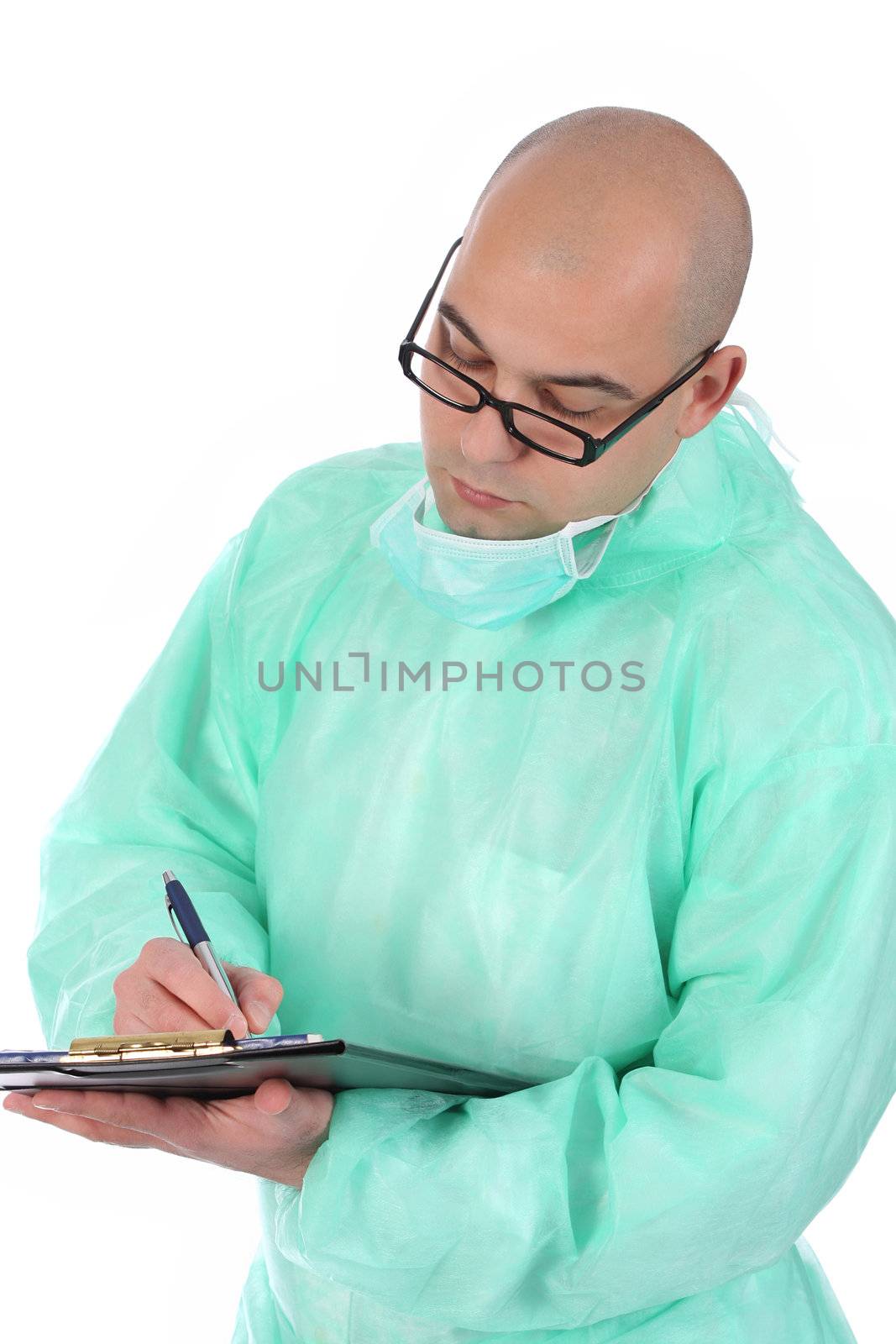 Details an surgeon with documents and pencil