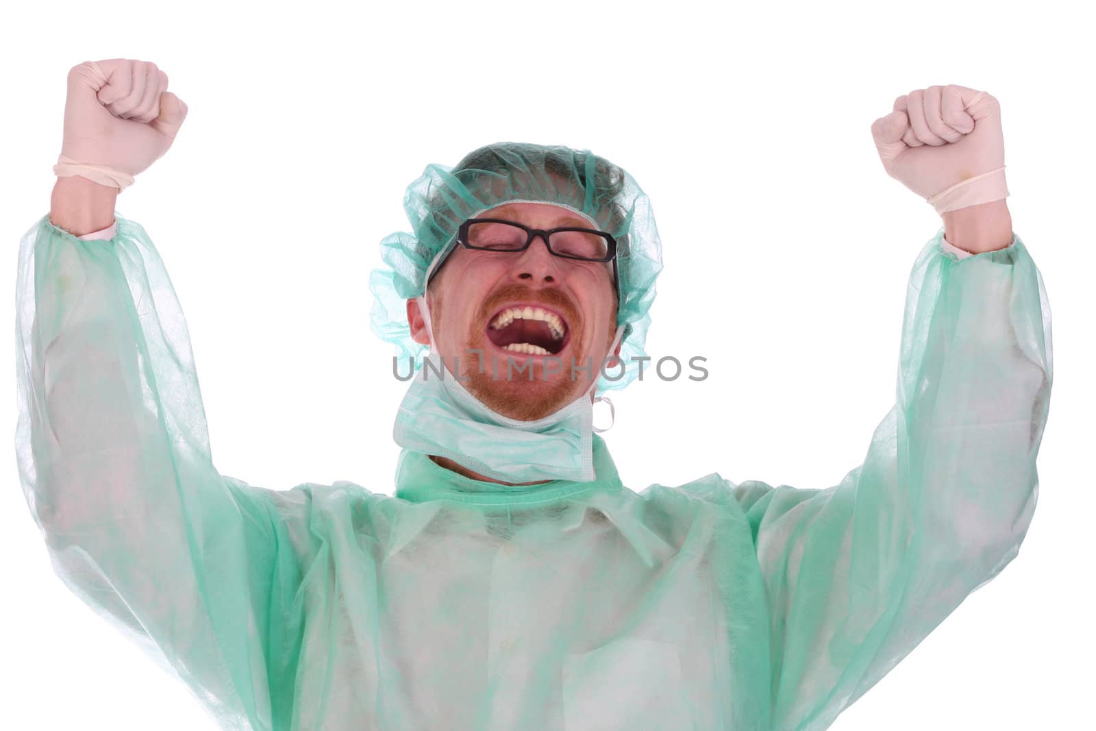 Details an surgeon happy on white background
