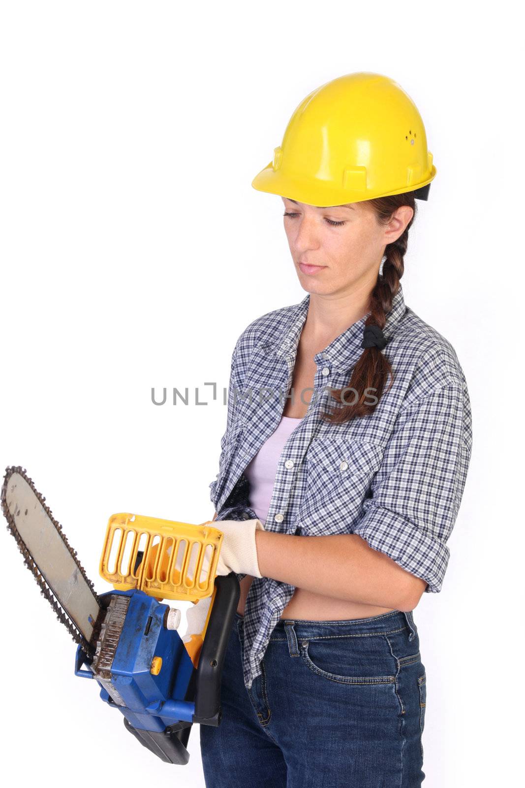 Beauty woman with chainsaw on white background