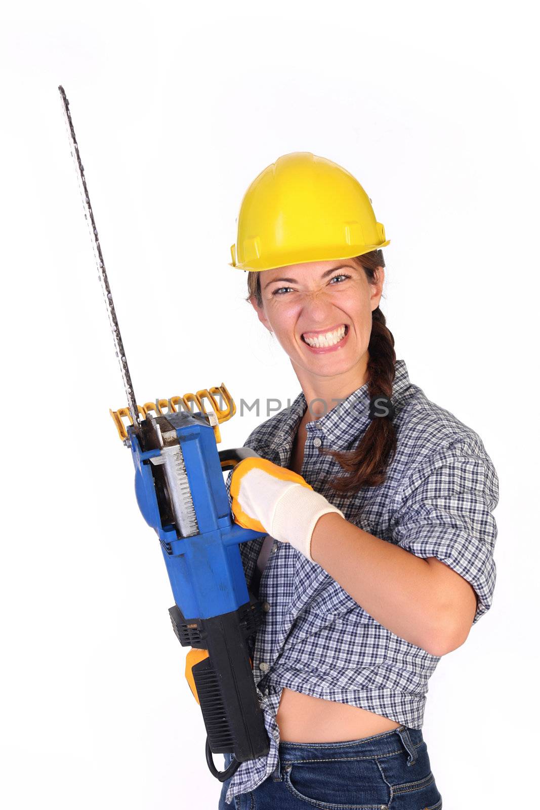 Mad woman with chainsaw on white background