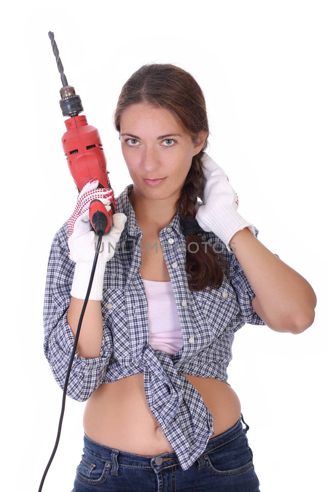 Beauty woman with auger on white background