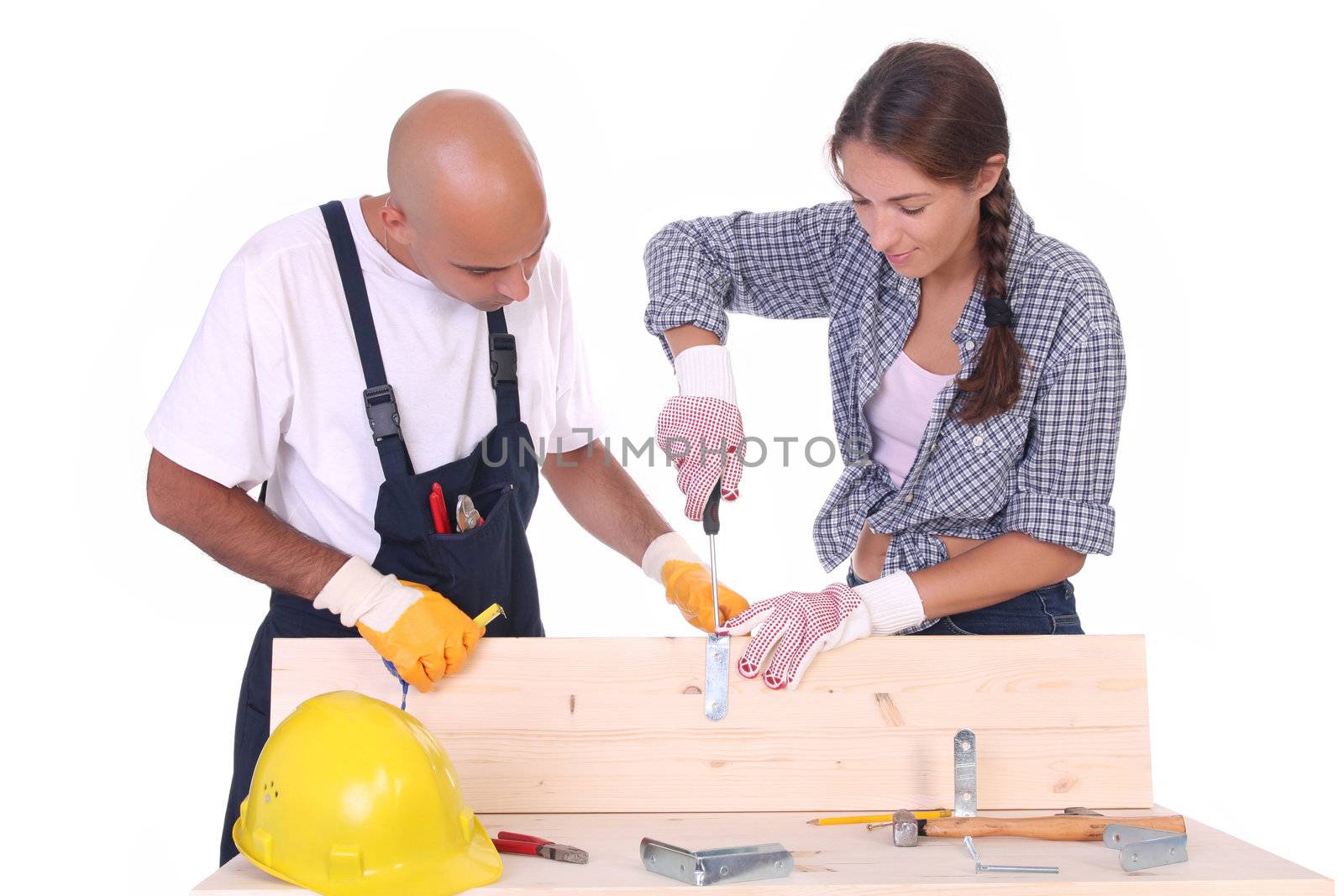 construction workers at work on white background 