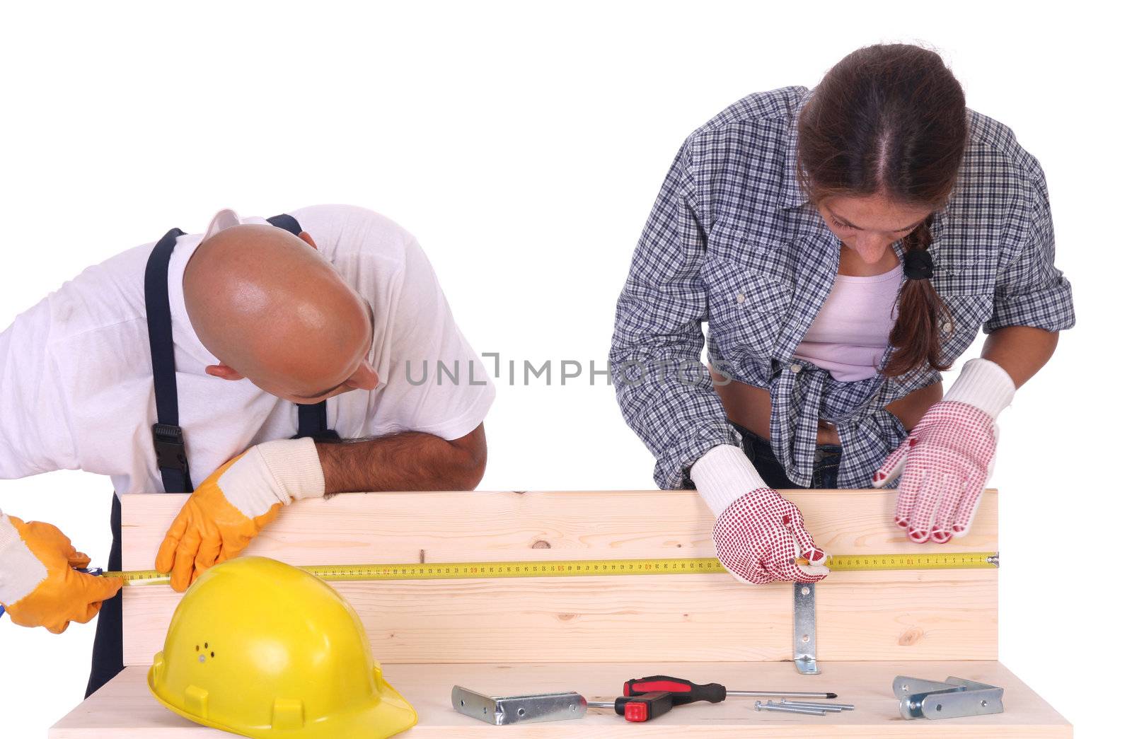construction workers at work on white background 