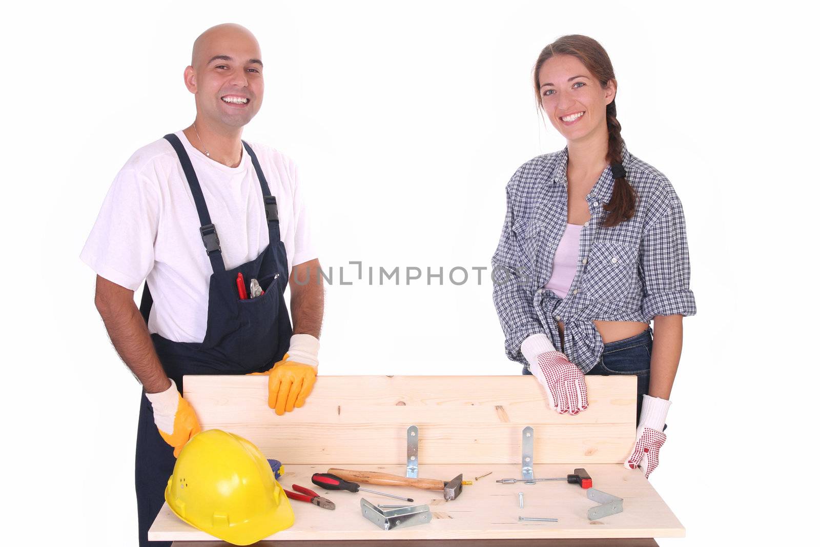 construction workers at work on white background 