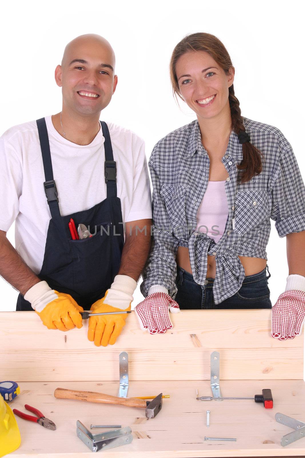 construction workers at work on white background 