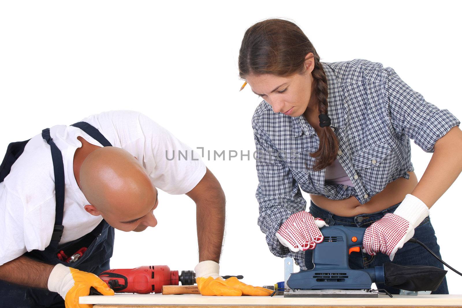 construction workers at work on white background 