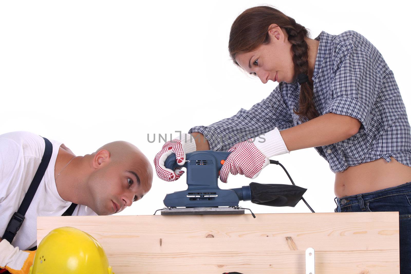 construction workers at work on white background 