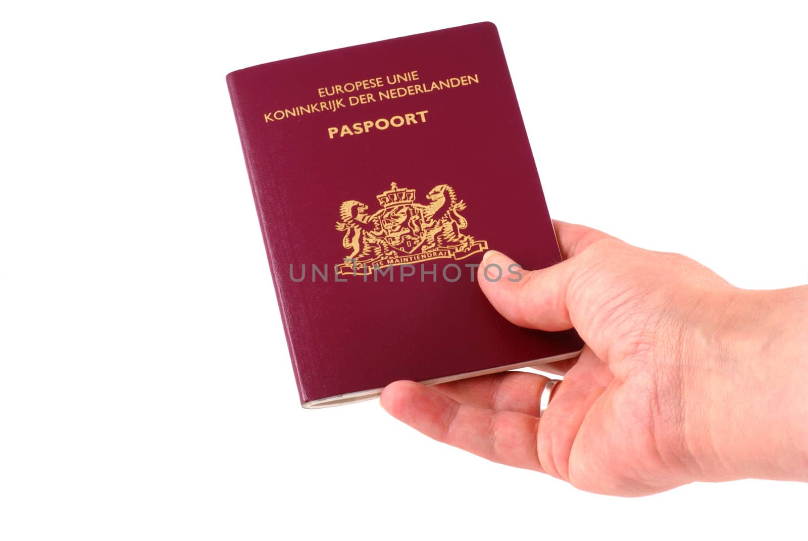 Hand handing over passport, isolated on white.
