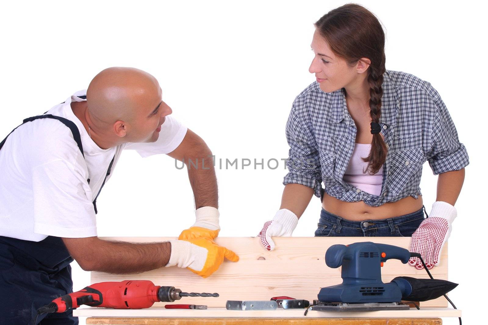 construction workers at work on white background