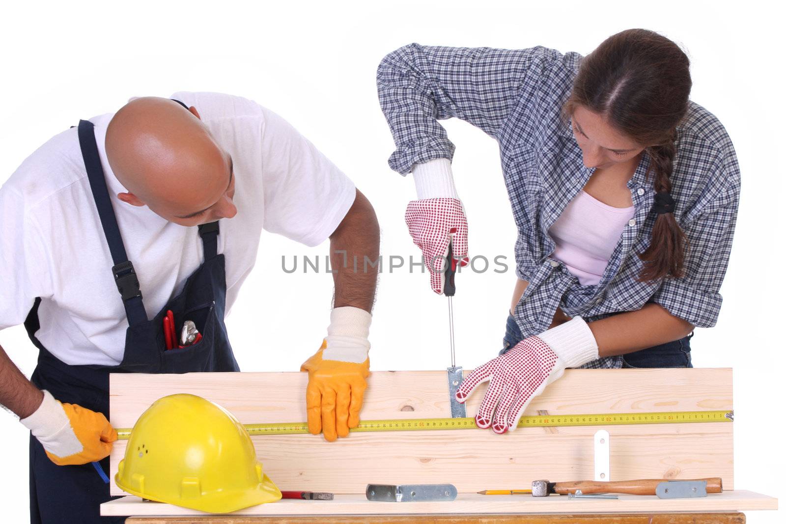 construction workers at work on white background 