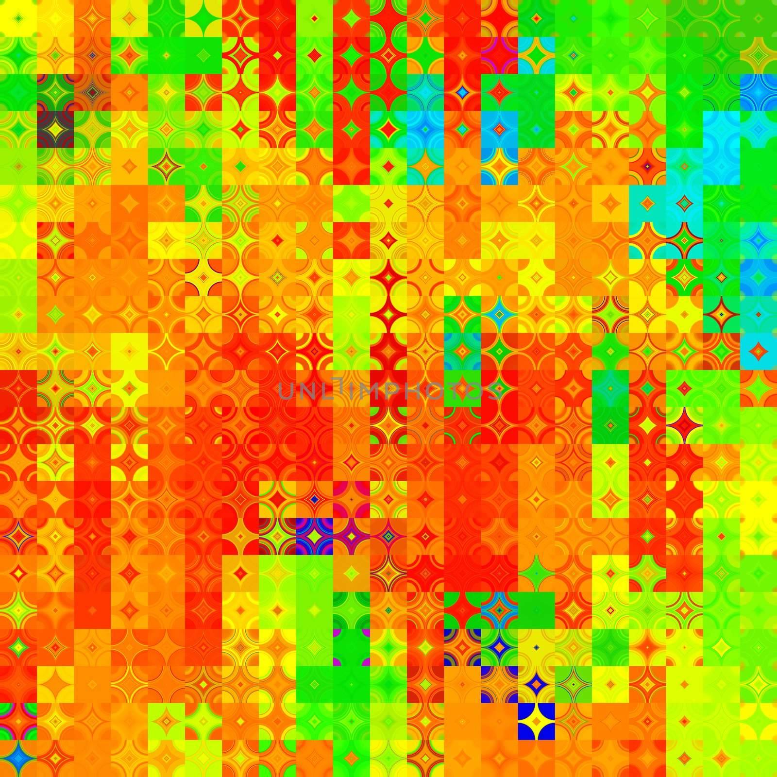 grunge texture of many vibrant squares, rounds and checks