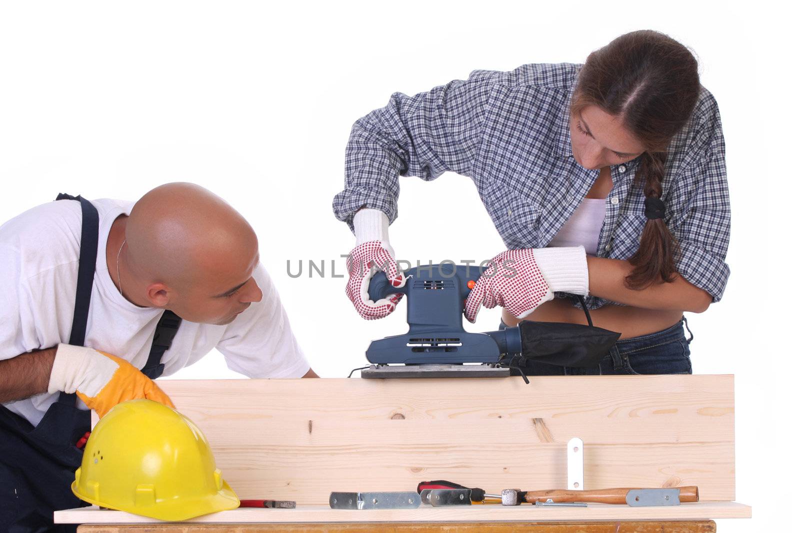 construction workers at work on white background 