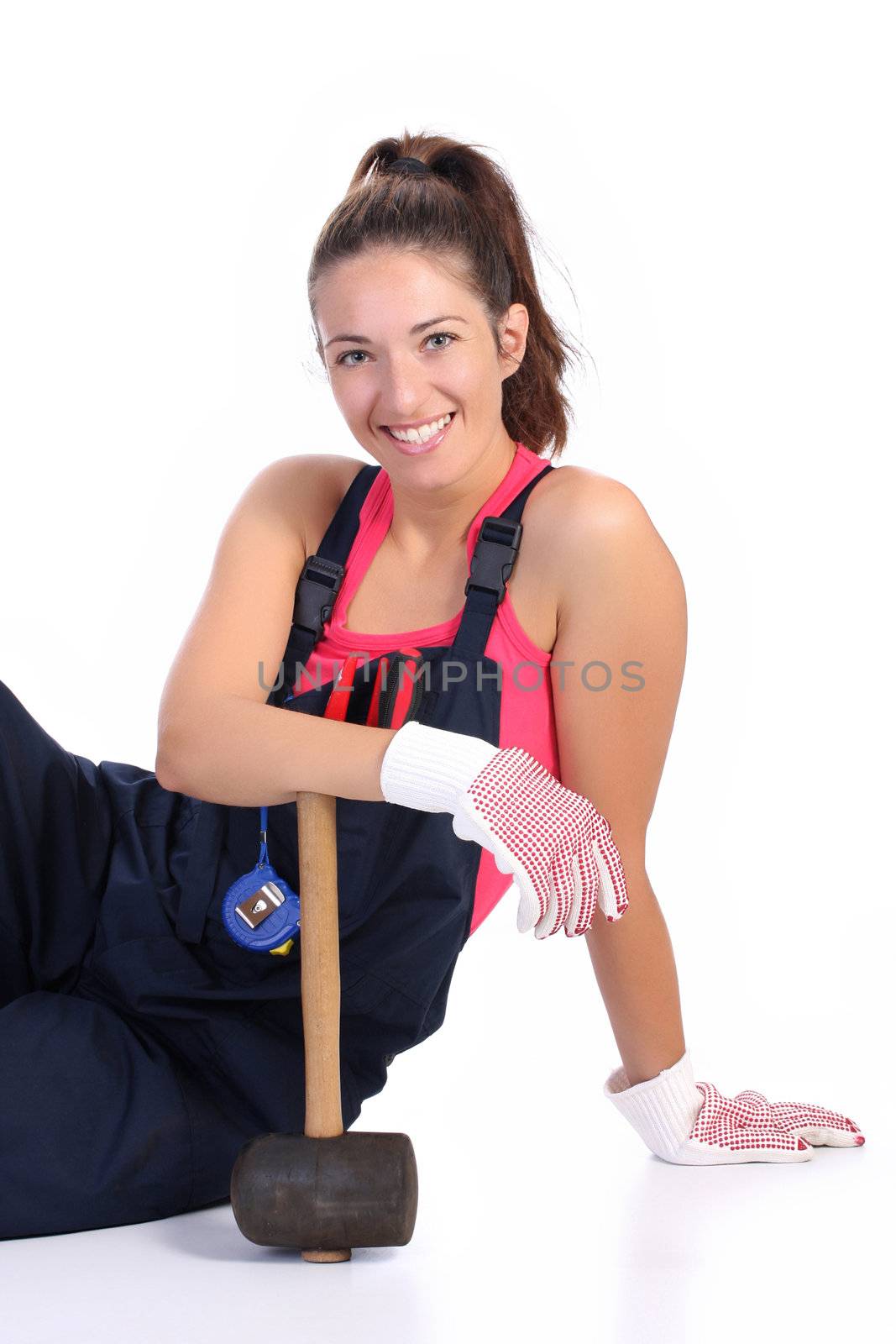 woman with black rubber mallet on white background 