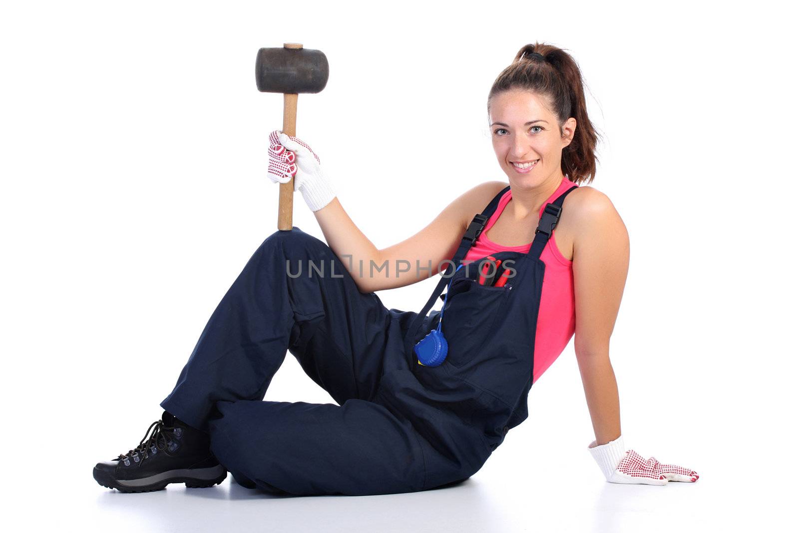 woman with black rubber mallet on white background 