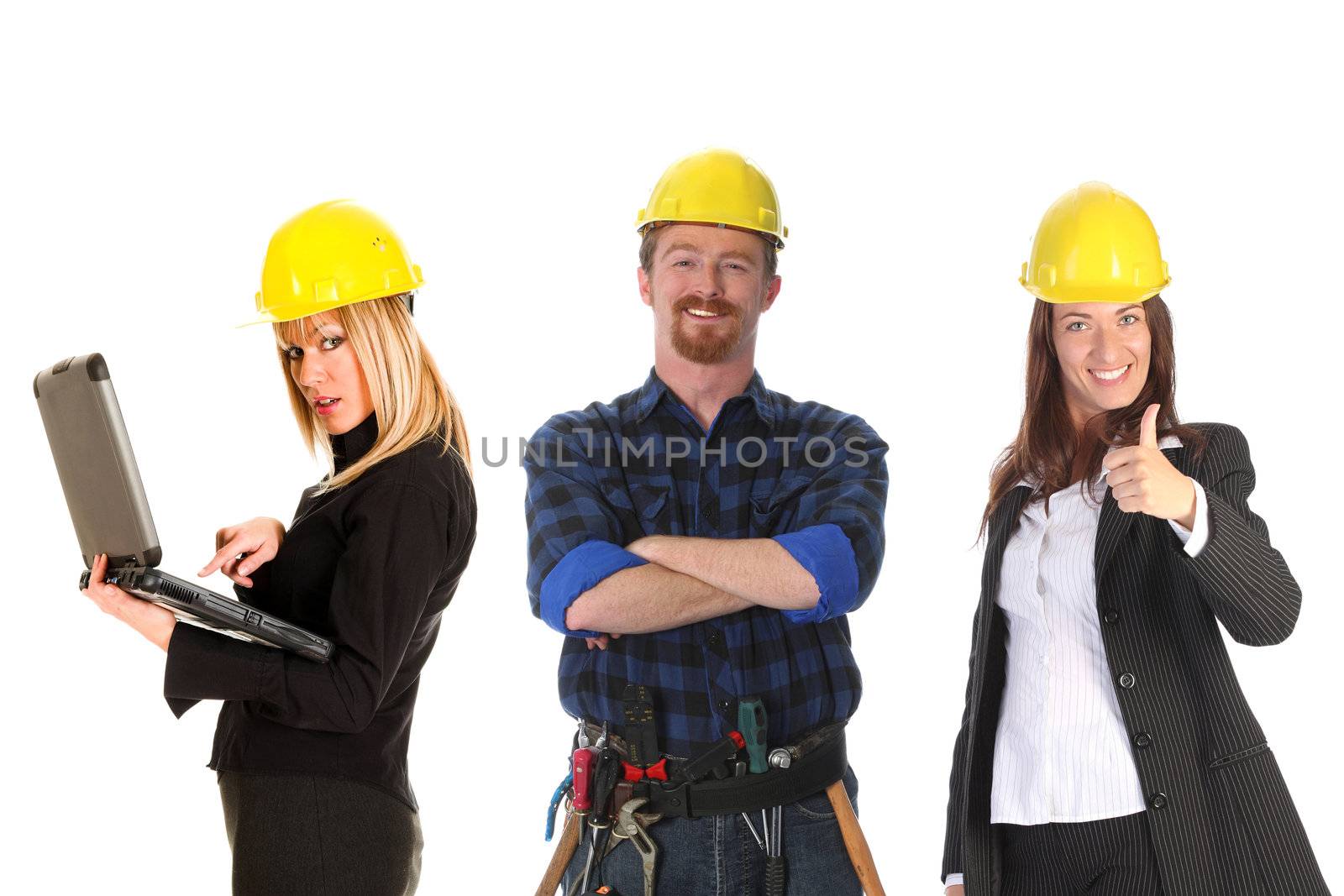 two businesswoman and construction worker on white background