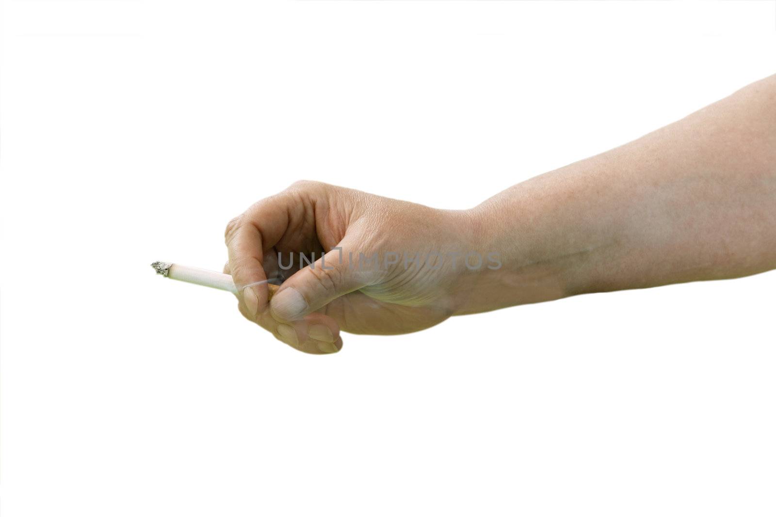 Female hand holding a burning cigarette - isolated on white background