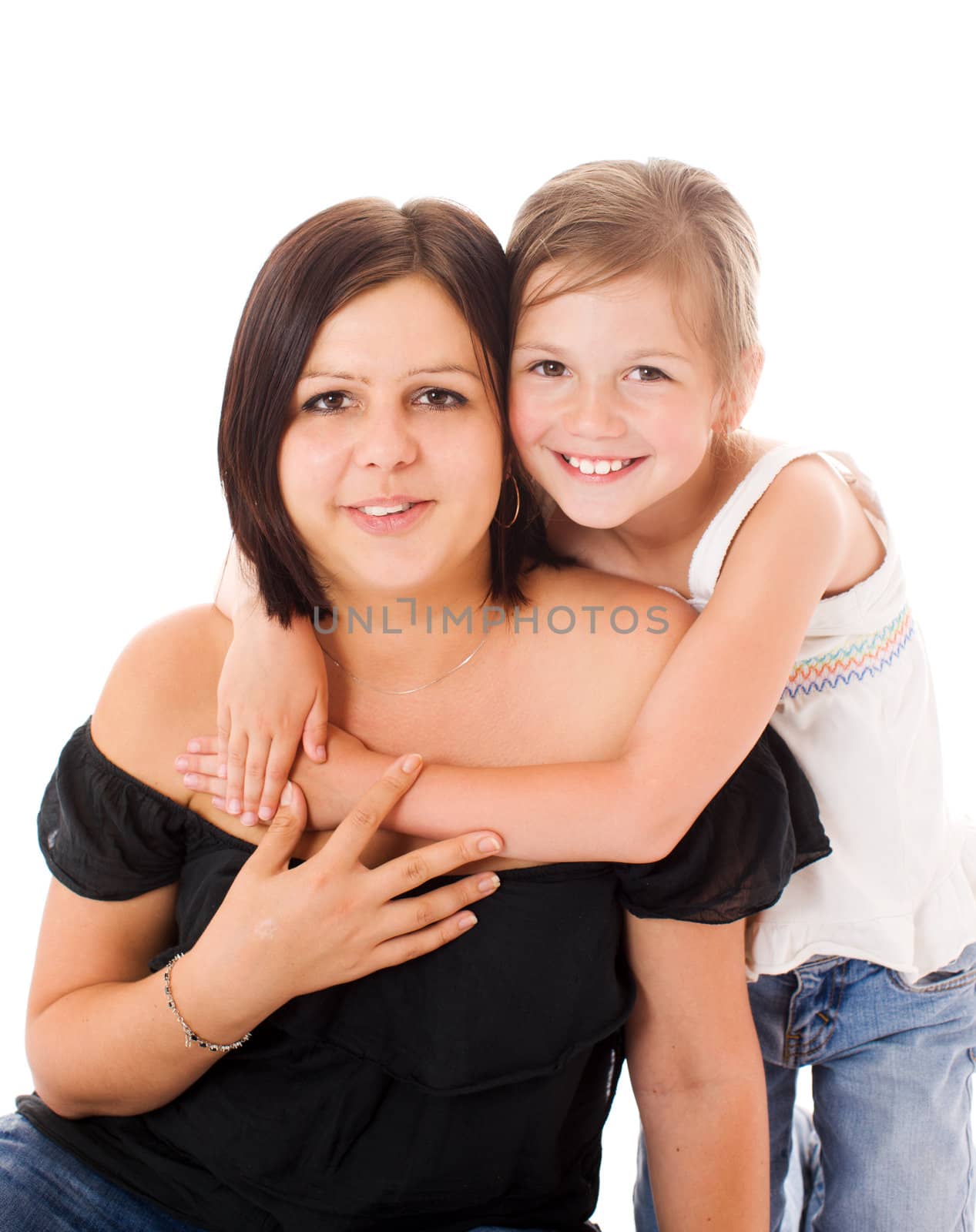 Mother and daughter posing together isolated on white