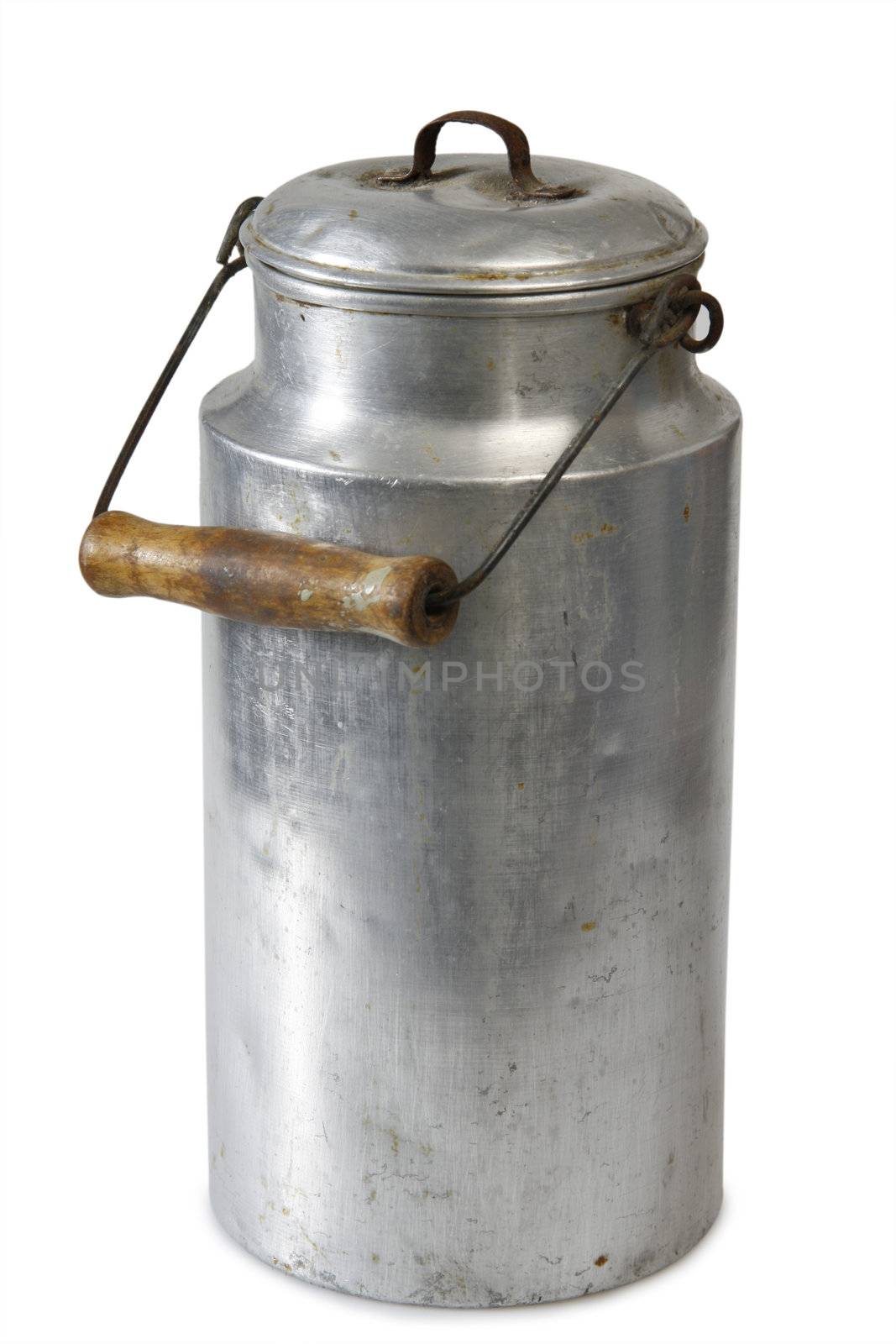 Close-up of a milk can of aluminium - isolated on white background
