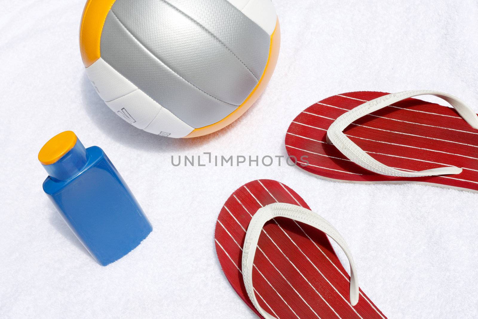 Volley ball, flip flops and sunscreen by leeser