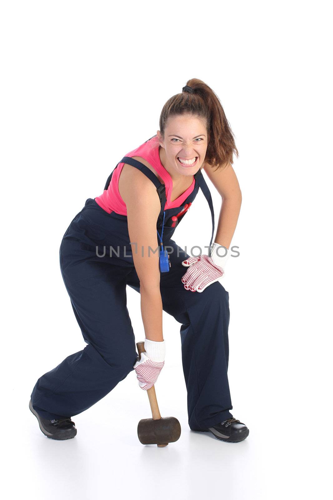 woman with black rubber mallet on white background 