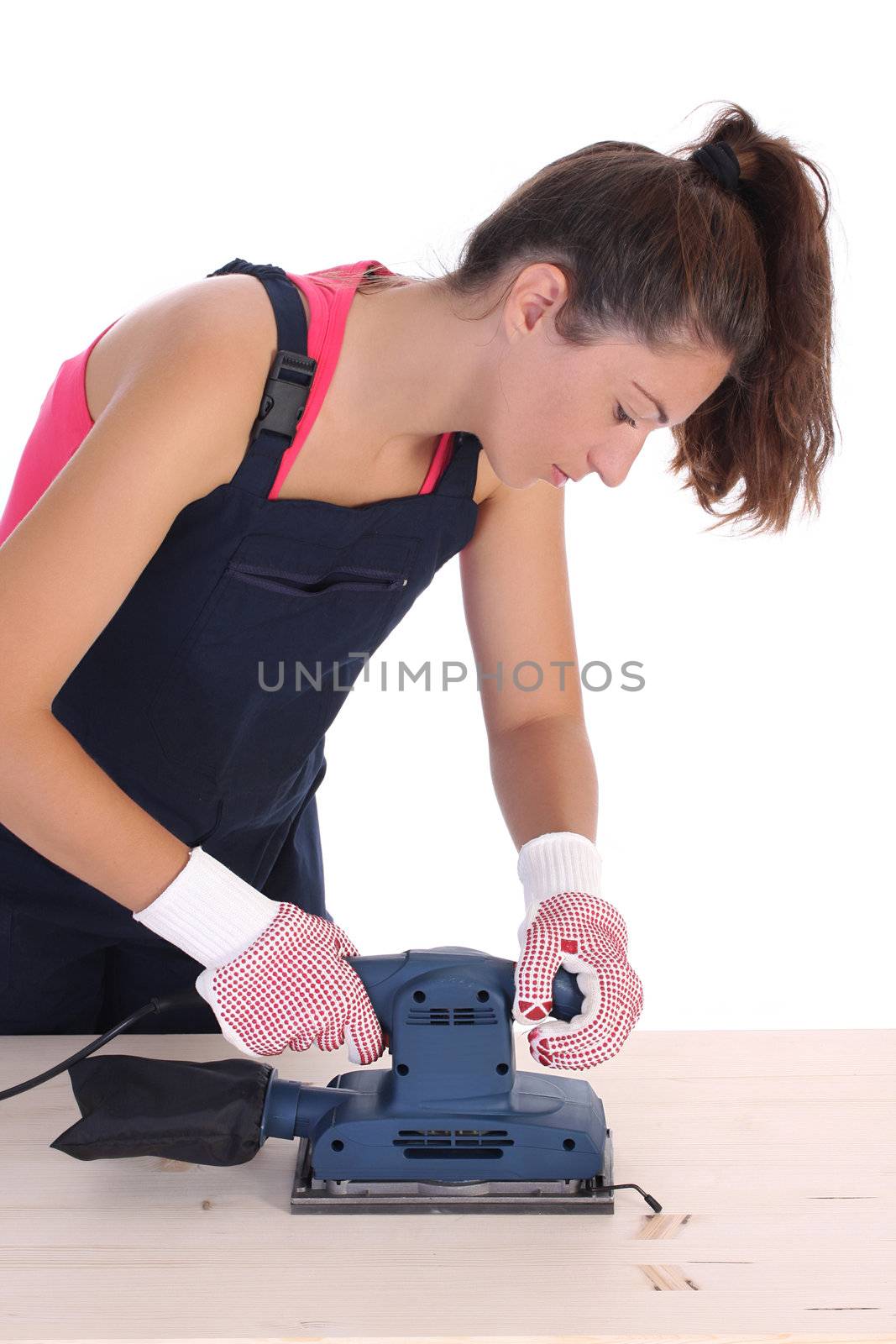 woman carpenter at work on white background 