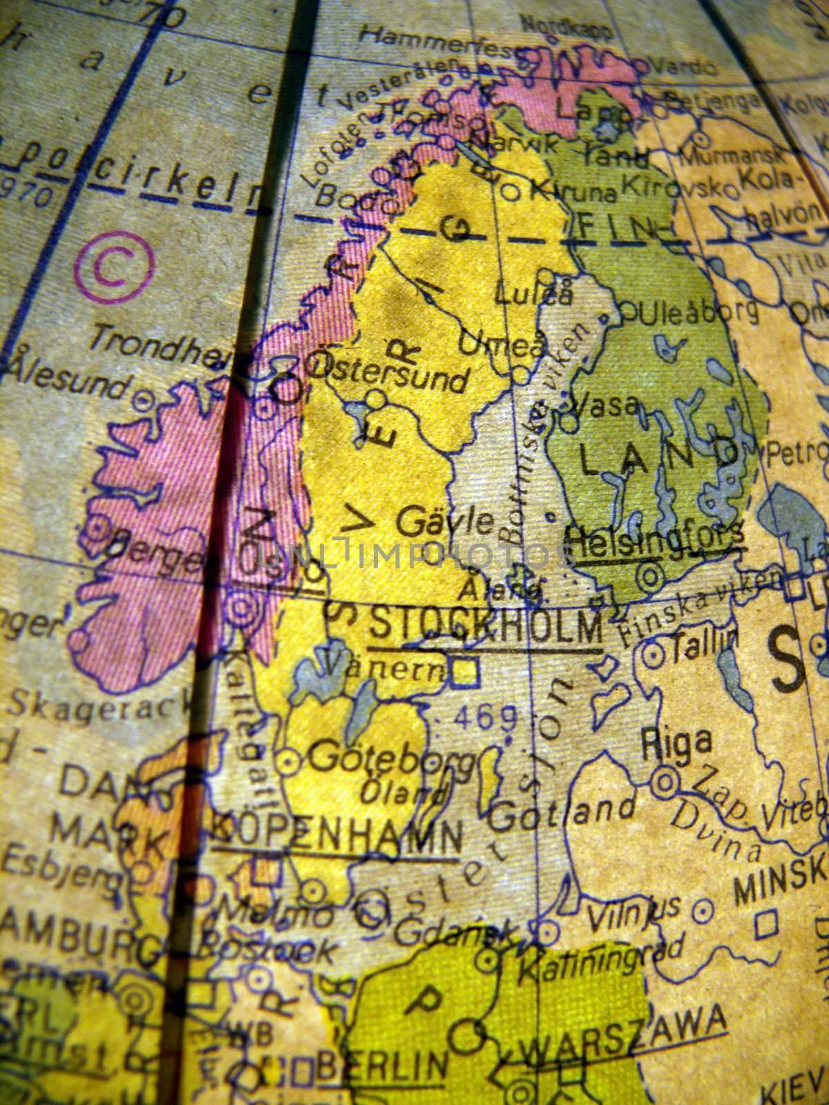 portrait closeup map of scandinavia in bright colors