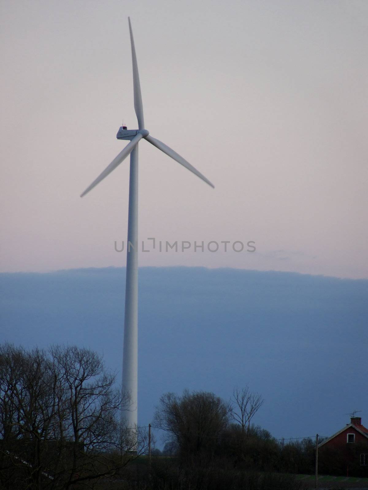 portrait of wind turbine in blue sky