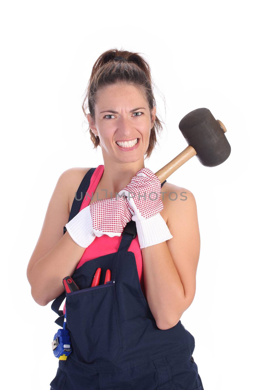 woman with black rubber mallet on white background 