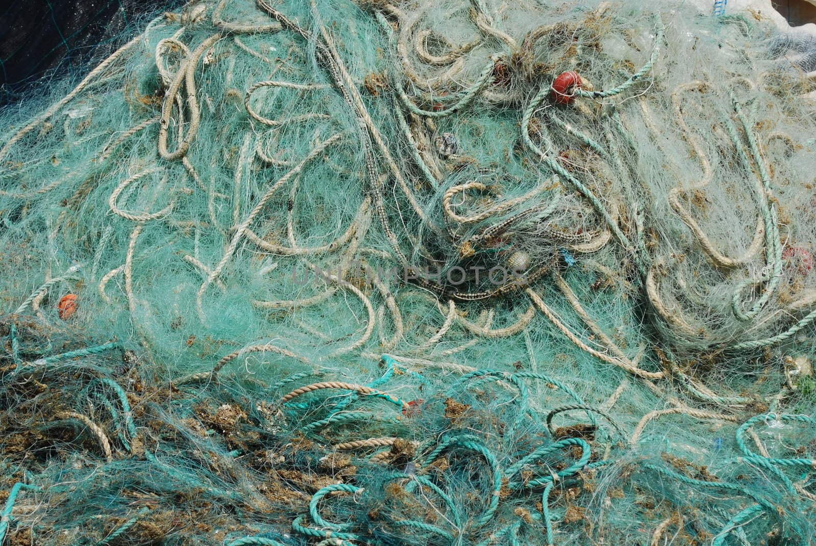 background of fishing nets in the port of Cascais, Portugal