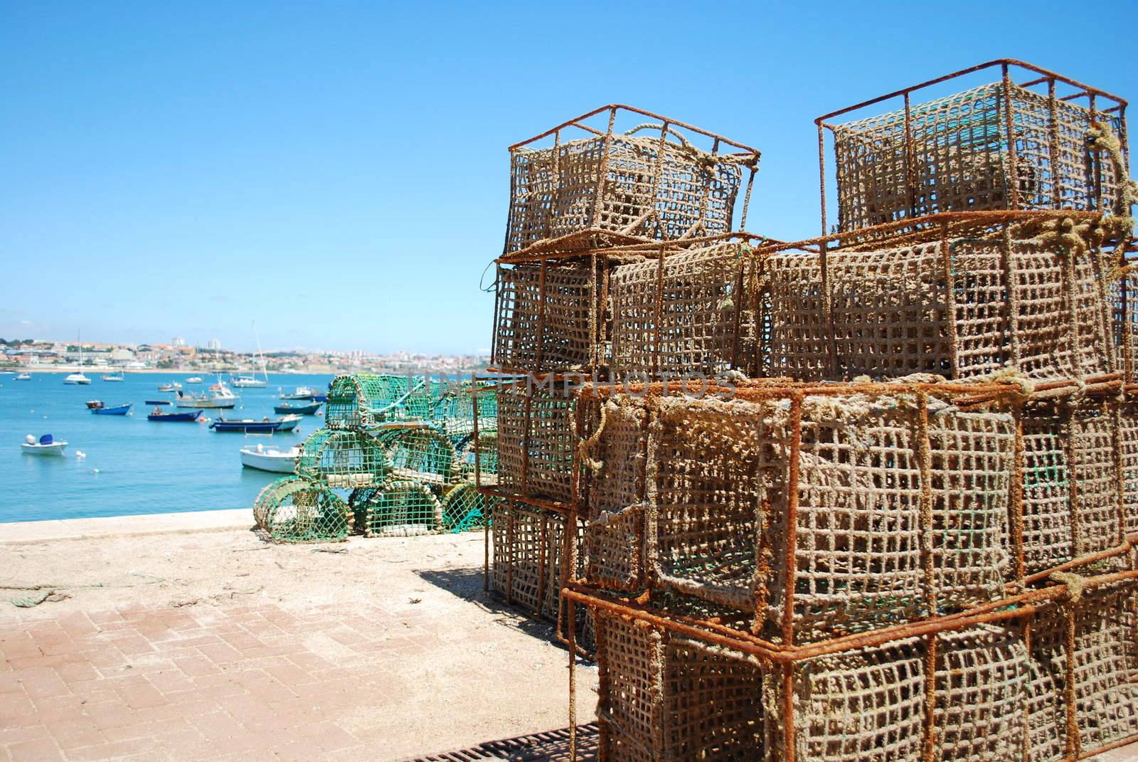 background of fishing cages in the port of Cascais, Portugal