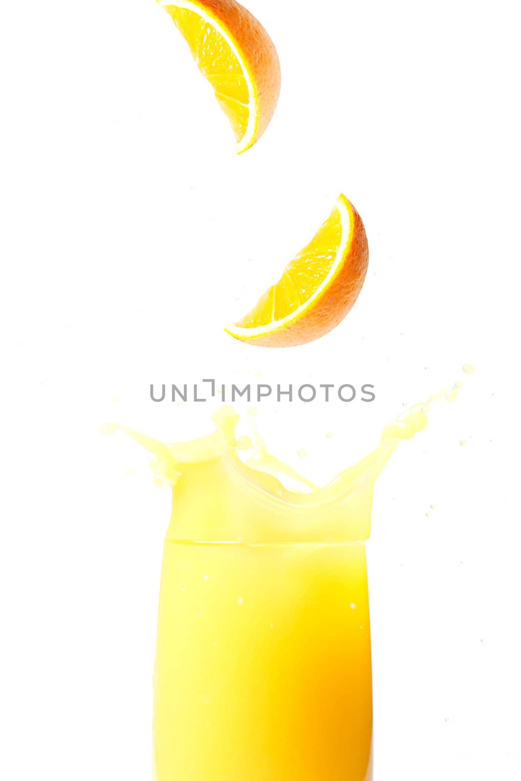 Delicious fresh orange juice on white