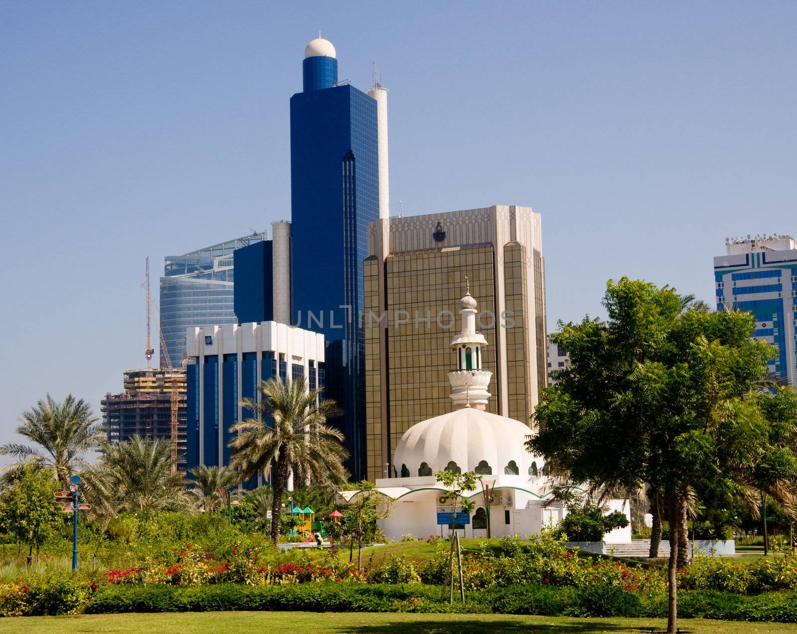 View of modern skyscraper office buildings in Abu Dhabi in UAE