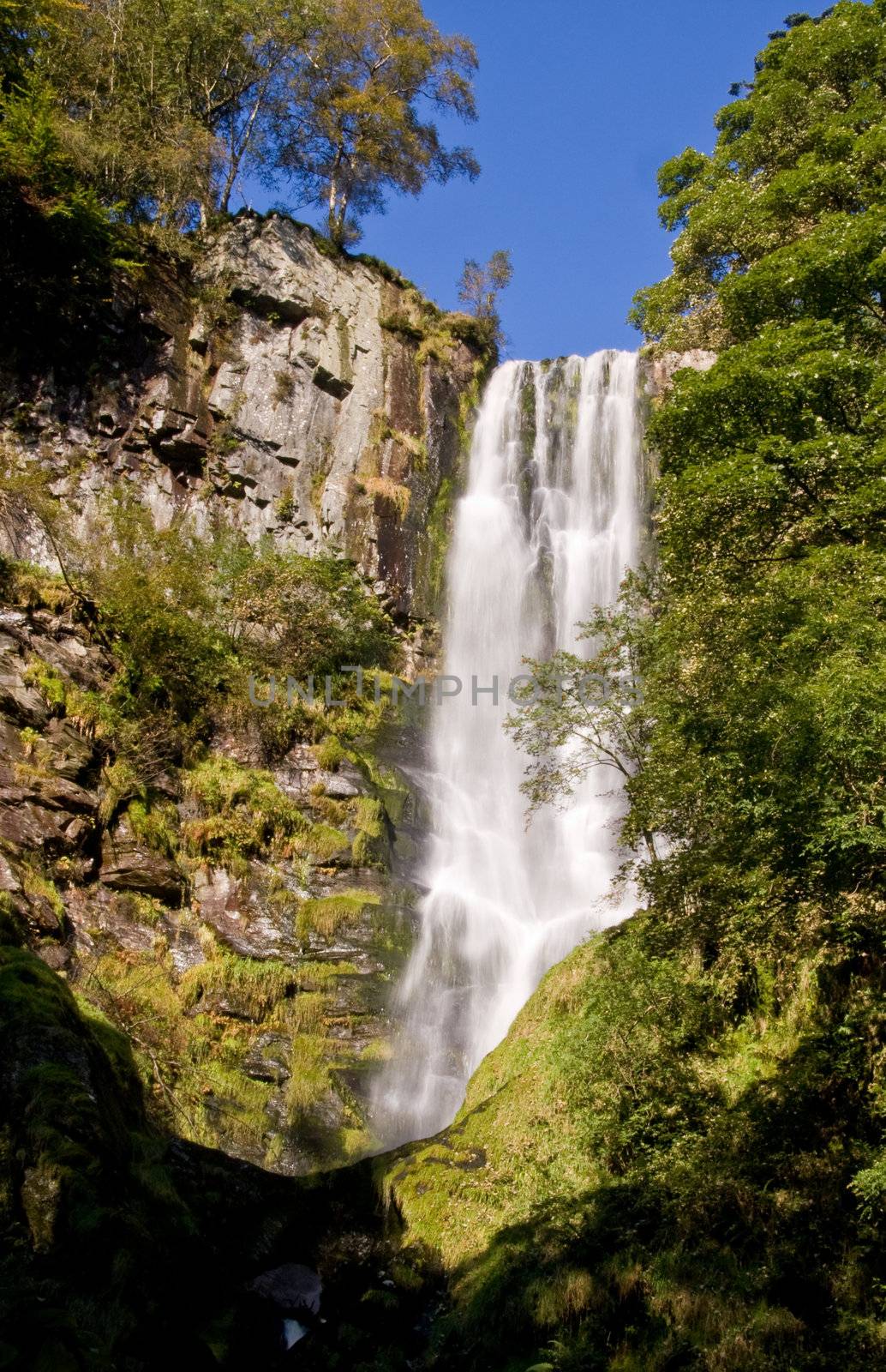 Overview of Pistyl Rhaeadr Waterfall near Llanrhaeadr in Wales