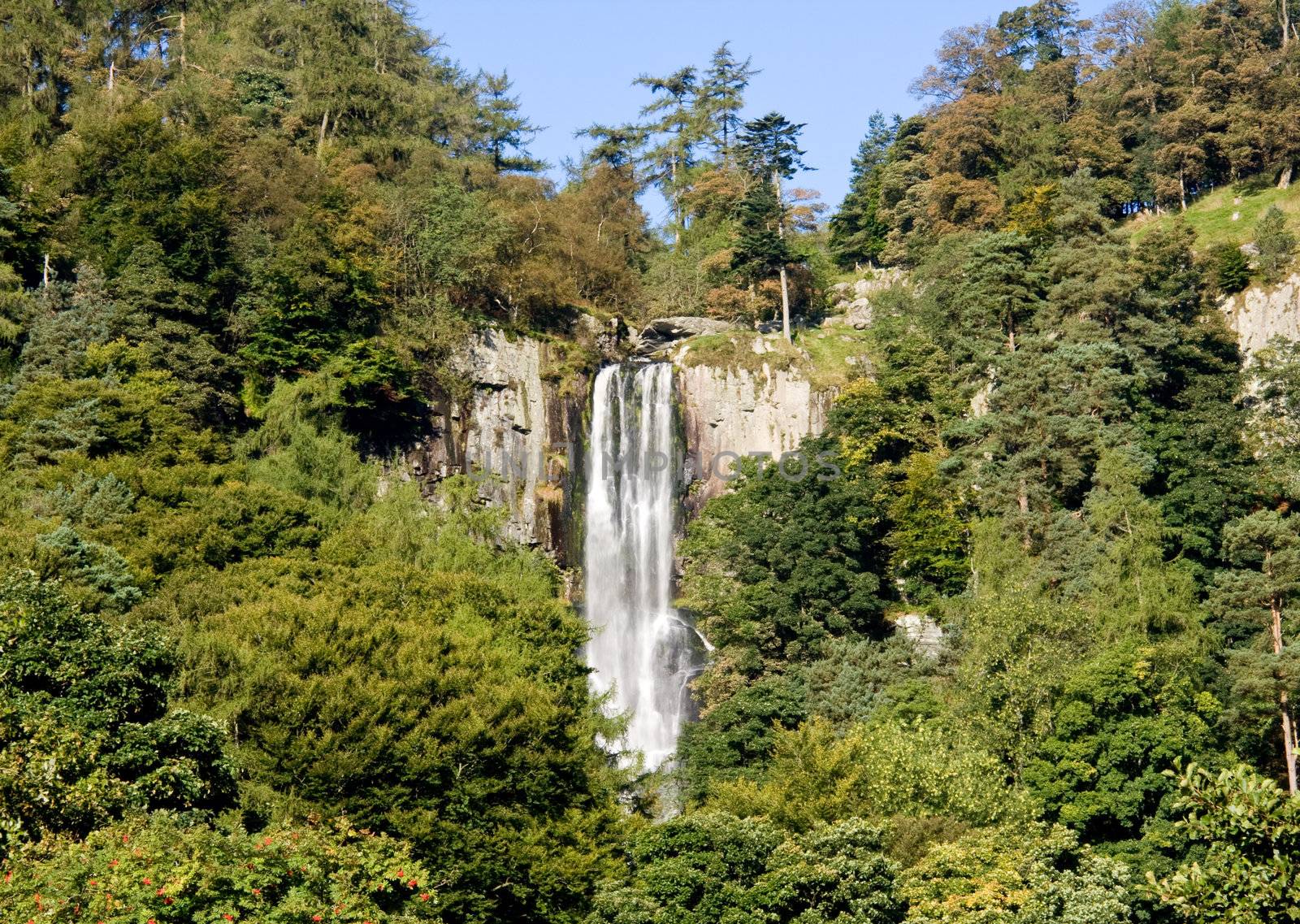 Overview of Pistyl Rhaeadr Waterfall near Llanrhaeadr in Wales