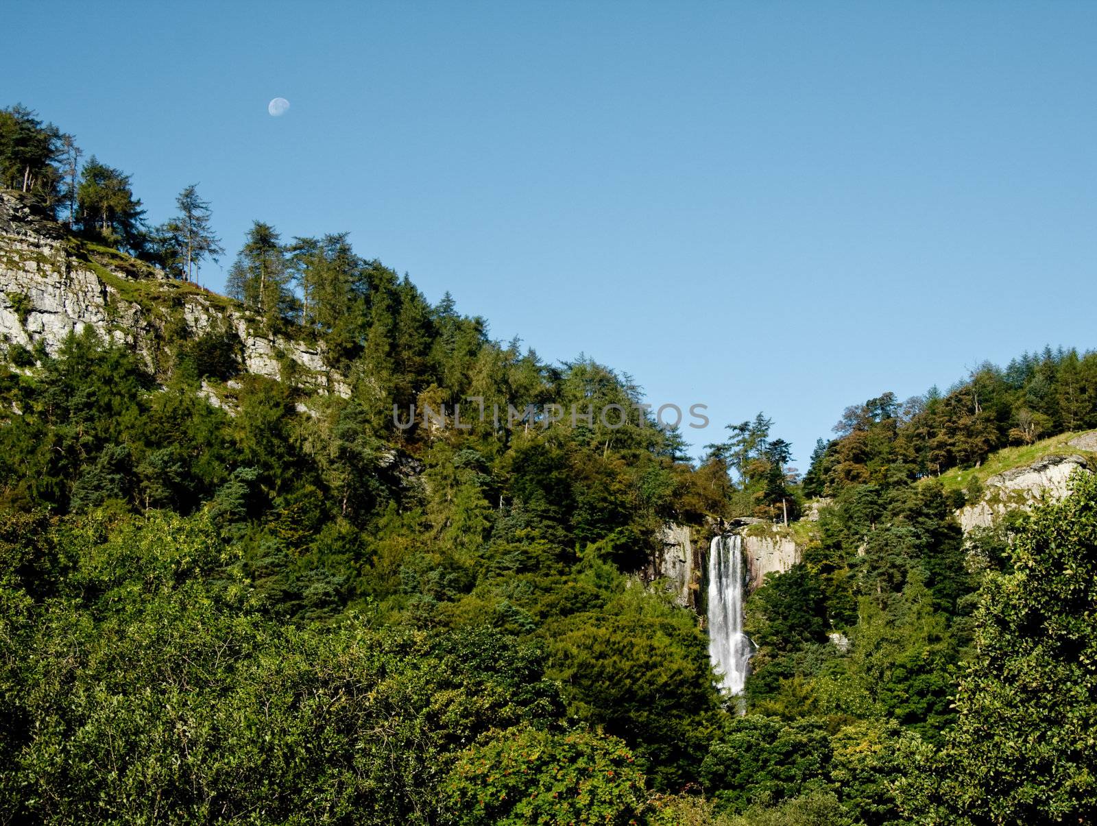 Overview of Pistyl Rhaeadr Waterfall near Llanrhaeadr in Wales