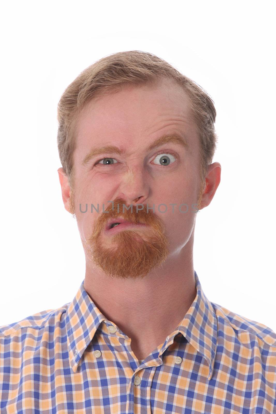 Portrait of funny man on white background