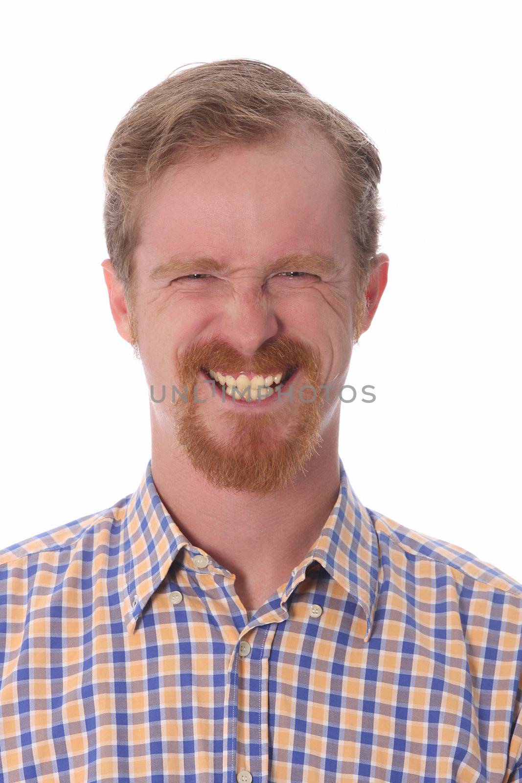 Portrait of funny man on white background