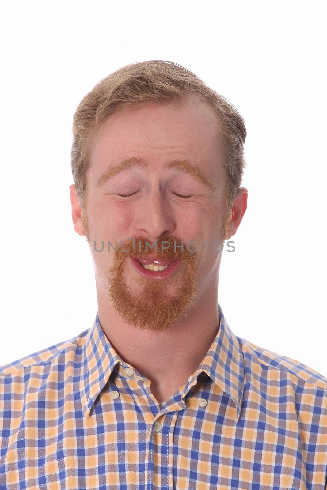 Portrait of funny man on white background