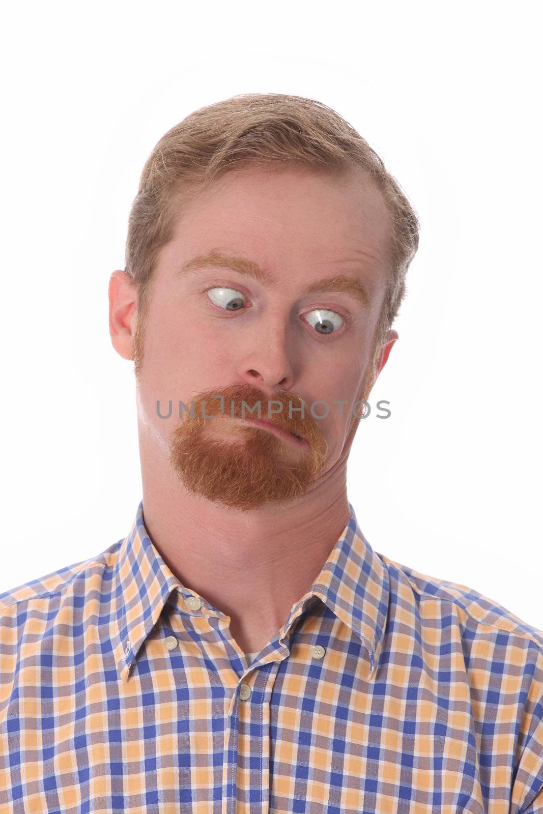 Portrait of funny man on white background