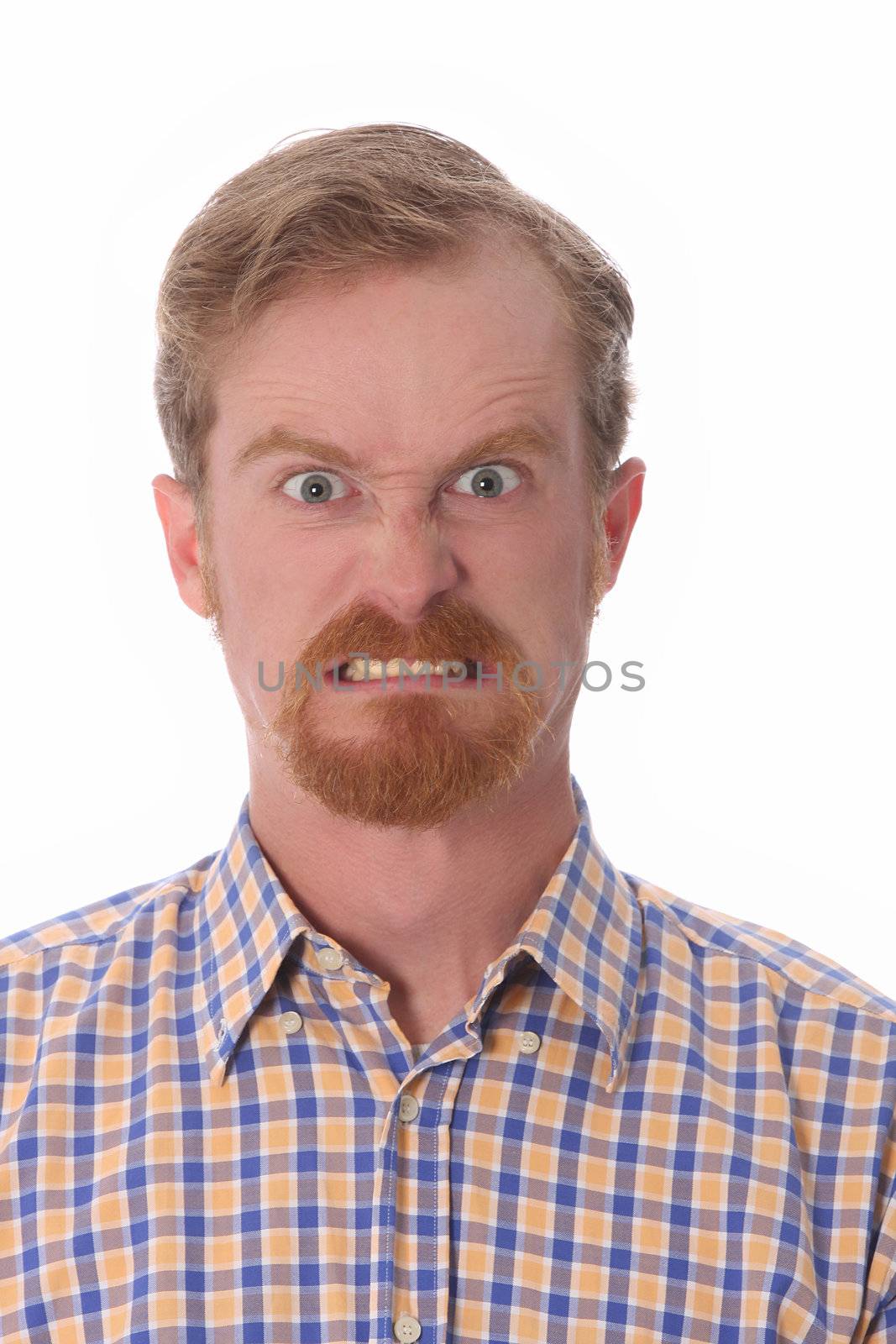 Portrait of angry man on white background