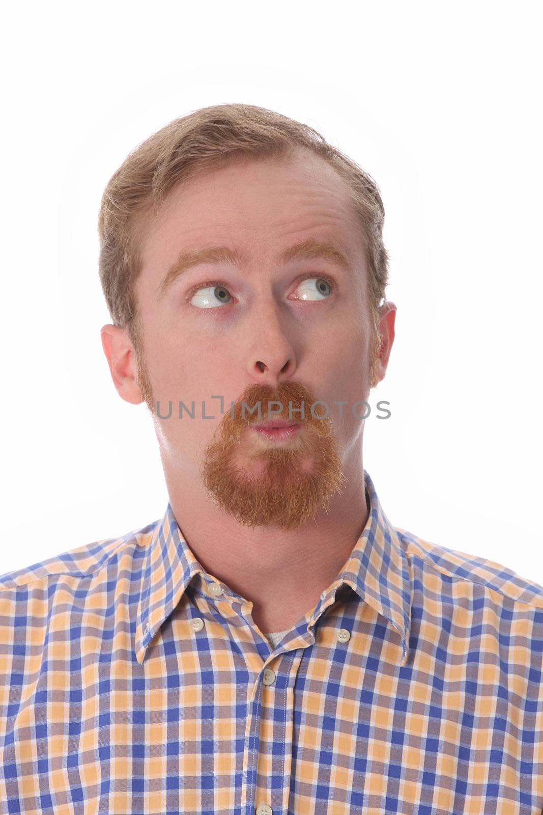 Portrait of thinking man on white background