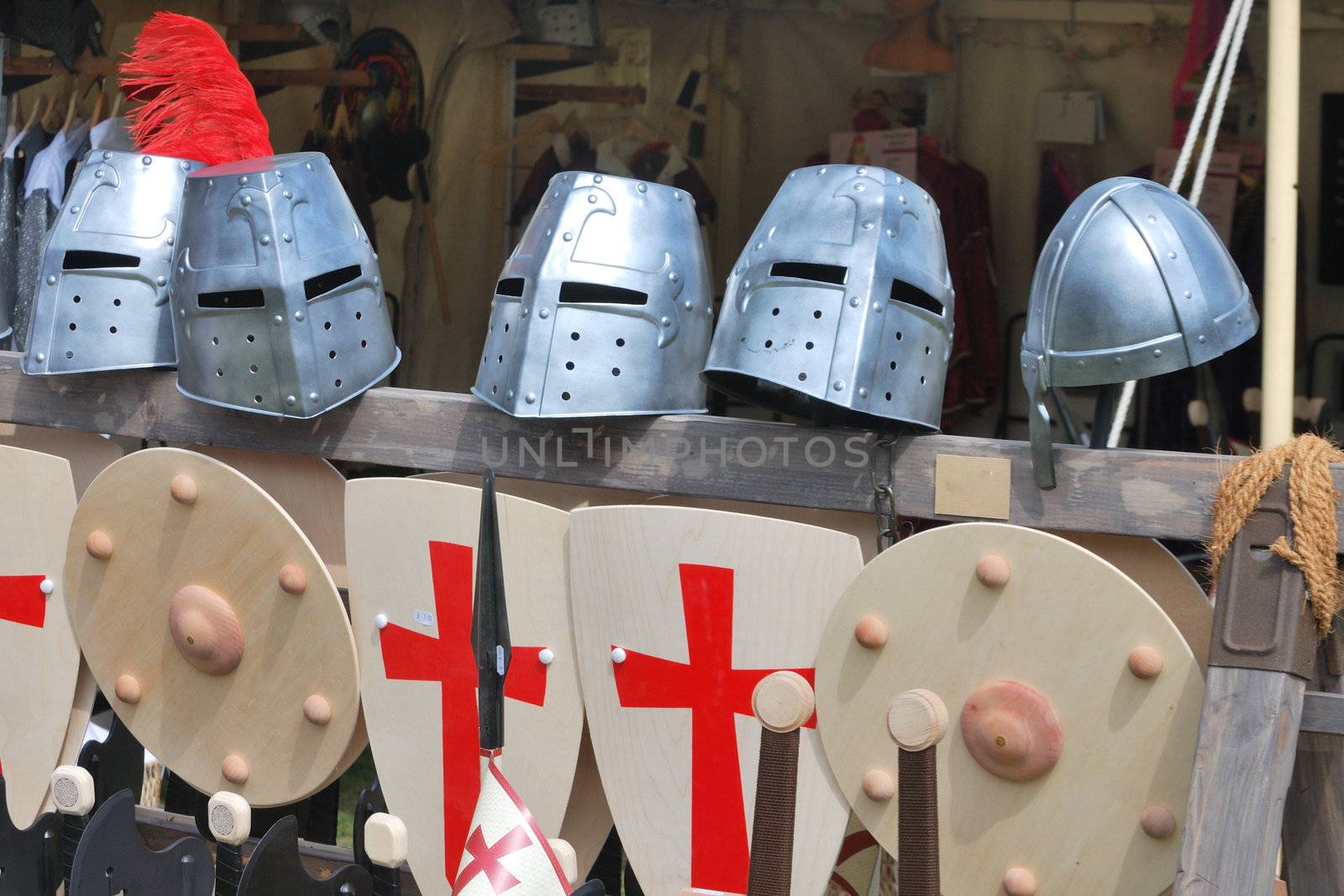 Line of armour shields and visors wooden
