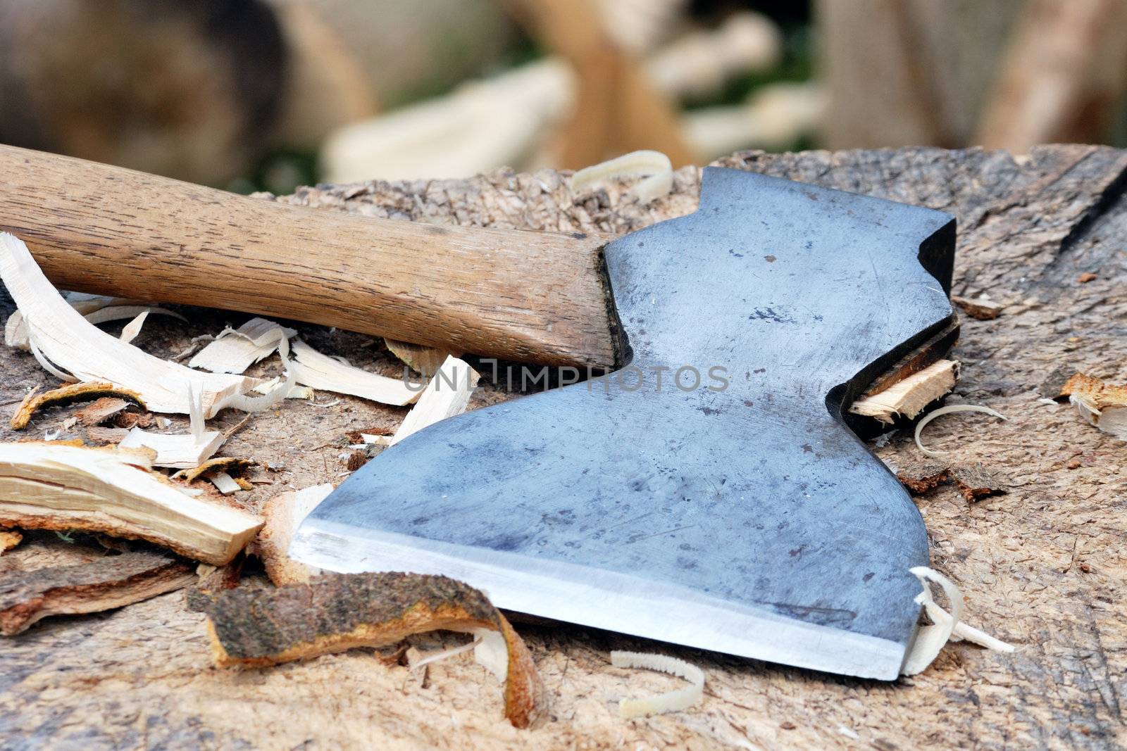 axe on wooden chopping block